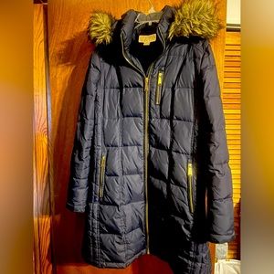 Navy with Gold Hardware warm Michael Kors Coat- hood detachable.